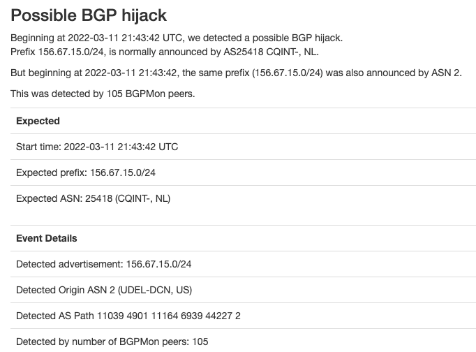 Possible BGP hijack incident from bgpstream.com which shows a route hijacked by AS2