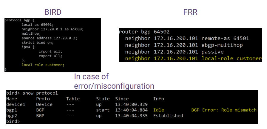 Terminal screenshots showing how to configure Roles in BIRD and FRR, as well as how an error looks in BIRD.
