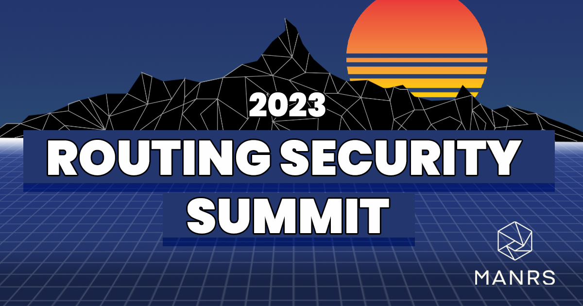 Mountain range with setting sun in background with words Routing Security Summit in foreground